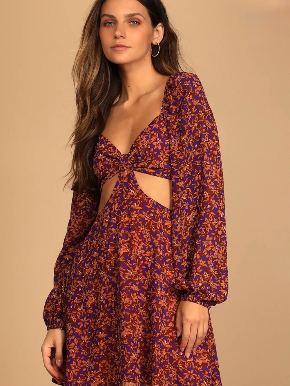 Lulus Fall Purple Floral Print Cutout Long Sleeve Mini Dress Size XL - Picture 10 of 10